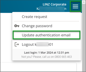 Shows drop down box from main menu. Highlighted is Update authentication email link to select to change email