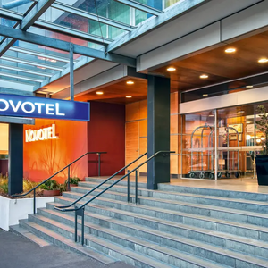 The front door of the Novotel Hotel in Wellington.