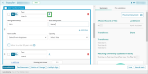 Examples of where to add additional details for transfers in New Landonline.