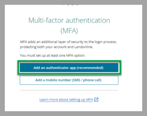 MFA screen showing add an authenticator app top button.