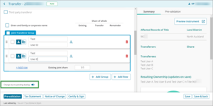 Example of toggle for change due to pending dealing in New Landonline.