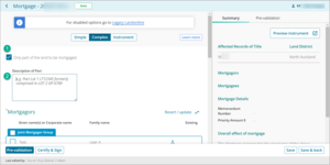 Example of how to complete Description of Part field for a mortgage in New Landonline.