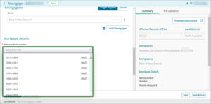 Example of where to select memorandum numbers from the drop down list in New Landonline.