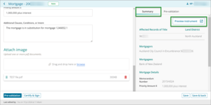 Example of buttons to select to review summary and preview instrument in New Landonline.