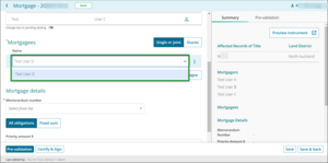 Example of where to enter a mortgagee and select it in New Landonline 2024.