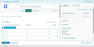 Example of Complex toggle to choose when preparing a mortgage in New Landonline.