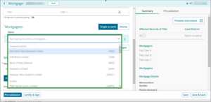 Example of how to select and enter a mortgagee in New Landonline.