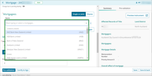 Example of how to select mortgagees from the Name field in New Landonline.