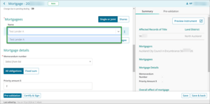 Example of where to enter other lenders in Name field in Instrument mode in New Landonline.