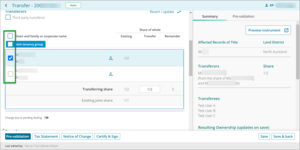 Example of where to select transferors in New Landonline.