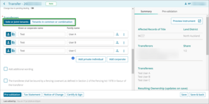 Example of toggle for single, joint or shares for transfers in New Landonline.