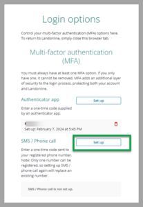 Example of set up button to select when setting up an SMS option for MFA.