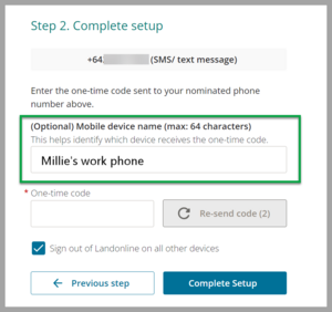 Example of adding mobile device name to complete MFA set up.