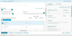 Example of what to input for third party transfers in New Landonline.