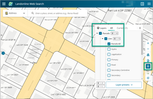 The All tab selected, with the Parcels, Live and Parcels-All layers selected