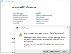 Example Citrix Workspace message - "Are you sure you want to reset..."