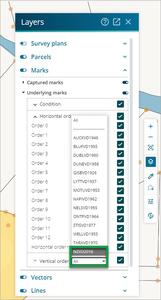 Layers panel in the Survey app. The dropdown box beside 'Vertical order' is highlighted.