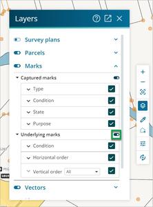 Layers panel in the Survey app. The toggle beside 'Underlying marks' is highlighted.