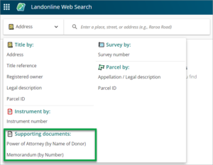 Landonline screenshot showing options for supporting documentss