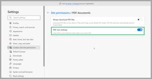 Example of where to toggle on the PDF view function in Edge.