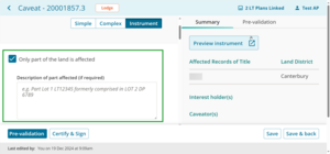 Checkbox and field of part of land affected.