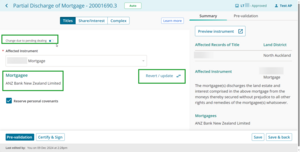 Examples of mortgagee field, change due to pending dealing toggle and revert/update button.