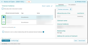 Checkboxes for affected instruments.