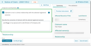 Box to describe connection of claimant to registered owners.