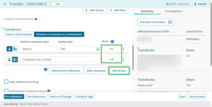 Example of fields to add shares.