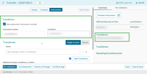 Checkbox and fields to enter instrument number.