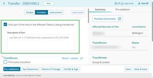 Example of checkbox and field for only part of the land.