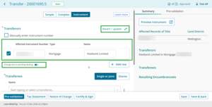 Example of affected instrument fields, change due to pending dealing and revert and update buttons.