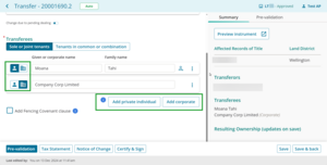 Buttons to add a private or corporate transferee.