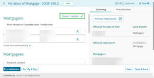 Link to revert or update instrument.