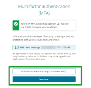 Buttons to add authenticator app or continue.