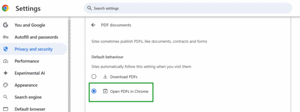 Open PDFs in Chrome toggle.