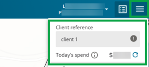 screenshot of opened main menu in Web Search, highlighting the main menu icon at top right corner, and teh client reference and today's spend.
