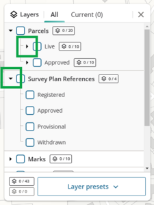 Screenshot of layer control panel. The arrow next to Live parcels is highlighted. The arrow next to Survey plan references is highlighted and shows the expanded section.