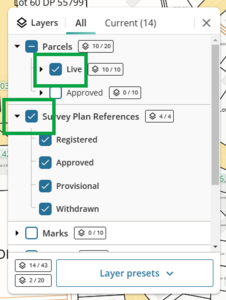 Screenshot of layer control panel. The ticked box next to Live parcels is highlighted. The ticked box next to Survey plan references is highlighted and shows the expanded section, where all options are also ticked.