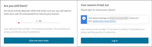 Screenshot from a New Landonline application showing the two timeout messages 'Are you still there?' and 'Your session timed out'