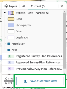 screenshot of current layers in layer control panel, highlighting Save as default view at bottom of panel.