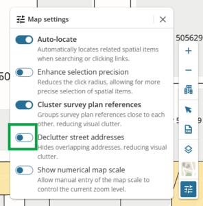 screenshot of map settings panel. The on/off button next to Declutter street addresses is highlighted. It is currently turned off.