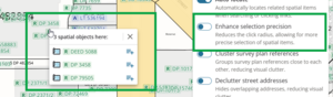 screenshot of Web Search spatial display with map settings open. Enhance selection precision turned off and highlighted. The cursor has attempted to select a survey reference, but has been given a choice of three options.