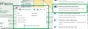 screenshot of Web Search spatial display with map settings open. Enhance selection precision is turned on and highlighted. The cursor is able to select a single survey reference.