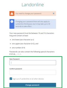 image of change password panel, highlighting the New password and Confirm password boxes at bottom of panel.