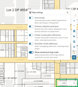 screenshot of Web Search spatial display with map settings open. Show numerical map scale is set to on. In the bottom right hand corner of the screen, the map scale is highlighted with a current scale of 1 to 2257.