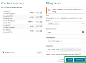 image of checkout summary panel, highlighting the email and download buttons are bottom right of the screen.