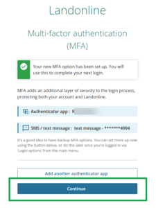 image showing multi-factor authentication has been set up. The Continue button at bottom of panel is highlighted.