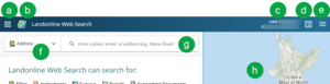 screenshot of Web Search home page top panel. Features are labelled a-h.