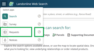 screenshot showing the switch applications panel at top left of Web Search home page. The Search application has a solid green icon, indicating it is the current application. The Requests application is highlighted with a green box. Also highlighted is the open in another tab arrow.